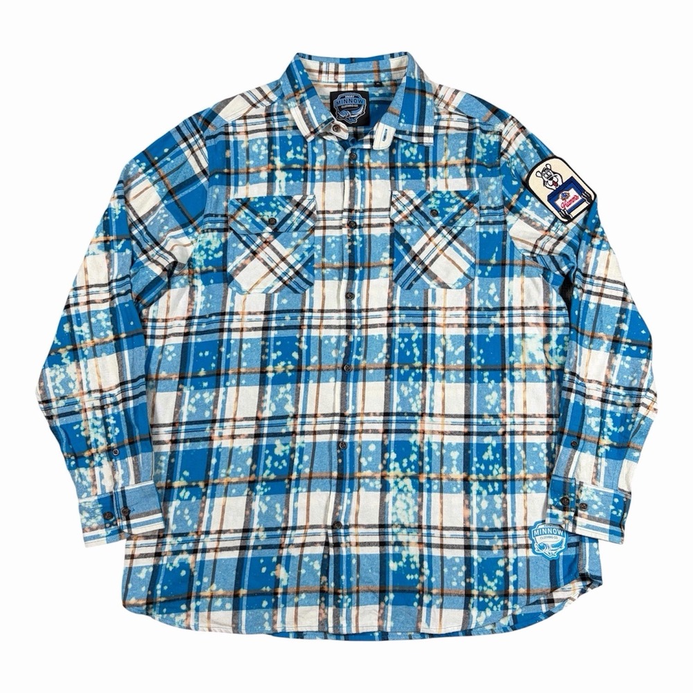 Angry Minnow Flannel Shirt Mens Sz XL Blue Vtg Hamms Beer Flannel Patch Outdoor
